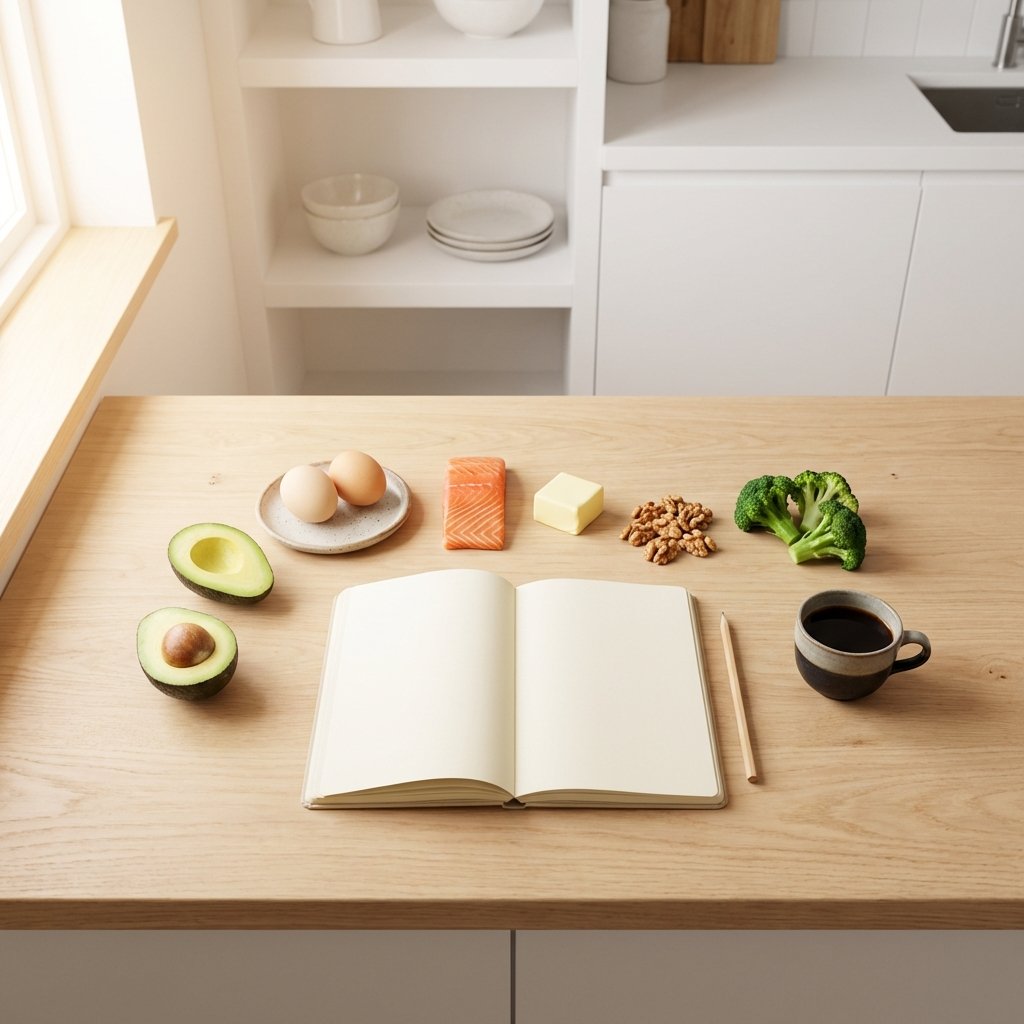 Avoin muistikirja keto-ruokien ympäröimänä – makrojen laskeminen helposti
