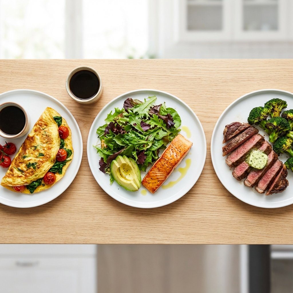 Täydellinen keto-päivä: aamiainen, lounas ja päivällinen kolmella lautasella