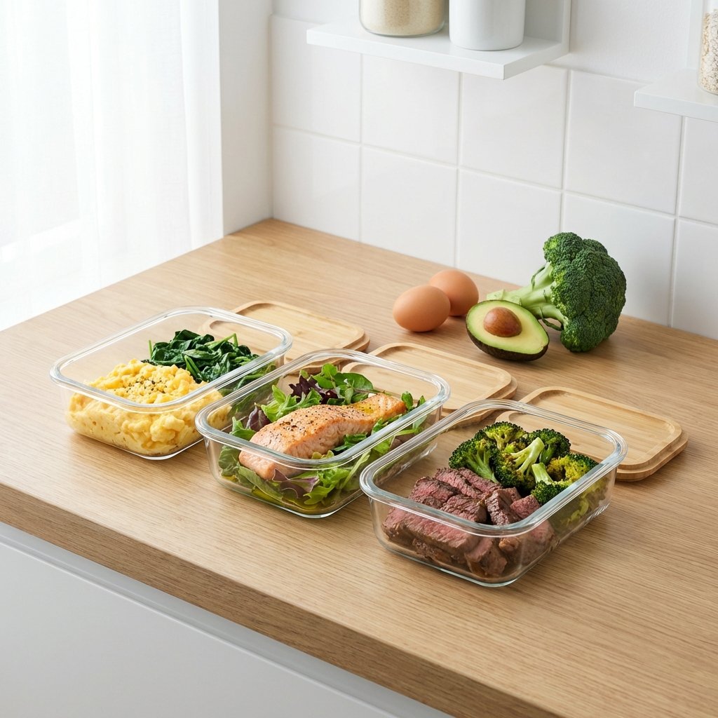 Keto-aterioiden esivalmistelu: kolme lasiastiaa valmiilla aterioilla helpottamaan makrojen seurantaa