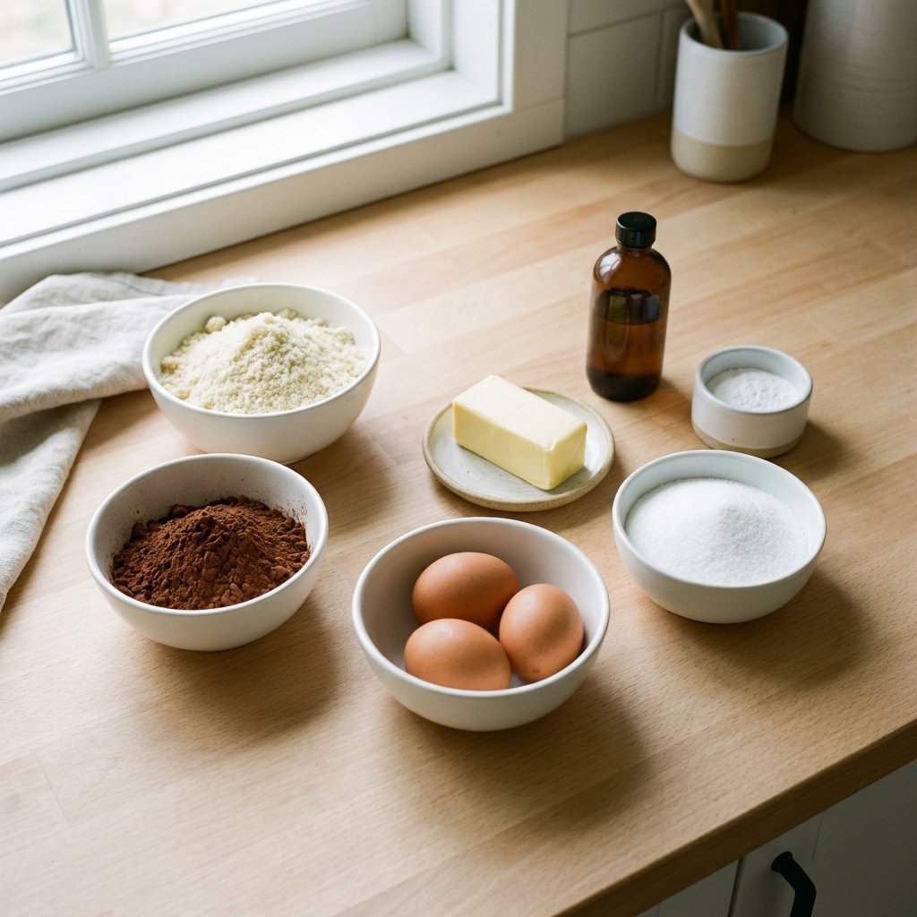 Keto mutakakun ainekset: mantelijauhot, kaakaojauhe, voi ja munat