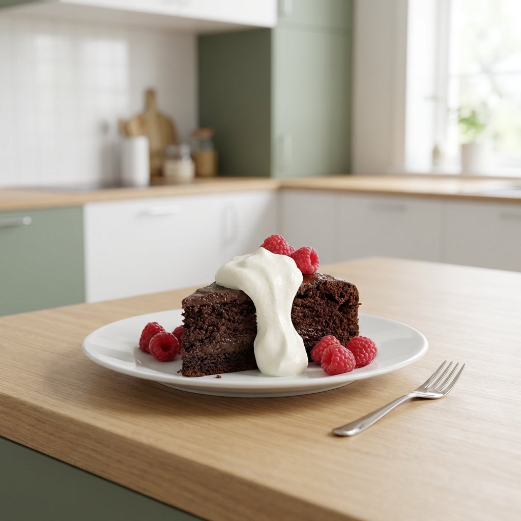 Keto mutakakku annos kermavaahdon ja vadelmien kera
