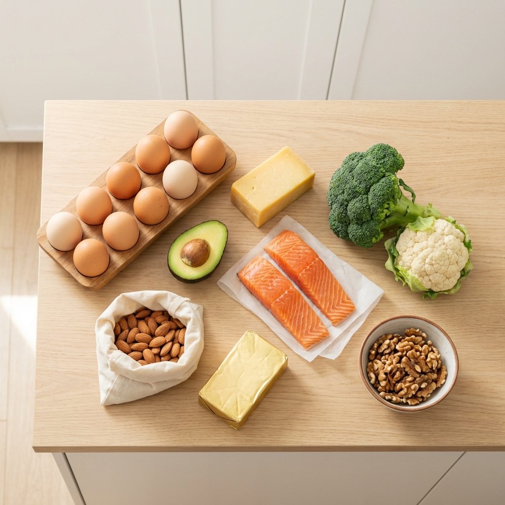 Keto ostoslista: monipuolinen valikoima keto-tuotteita puisella tiskillä