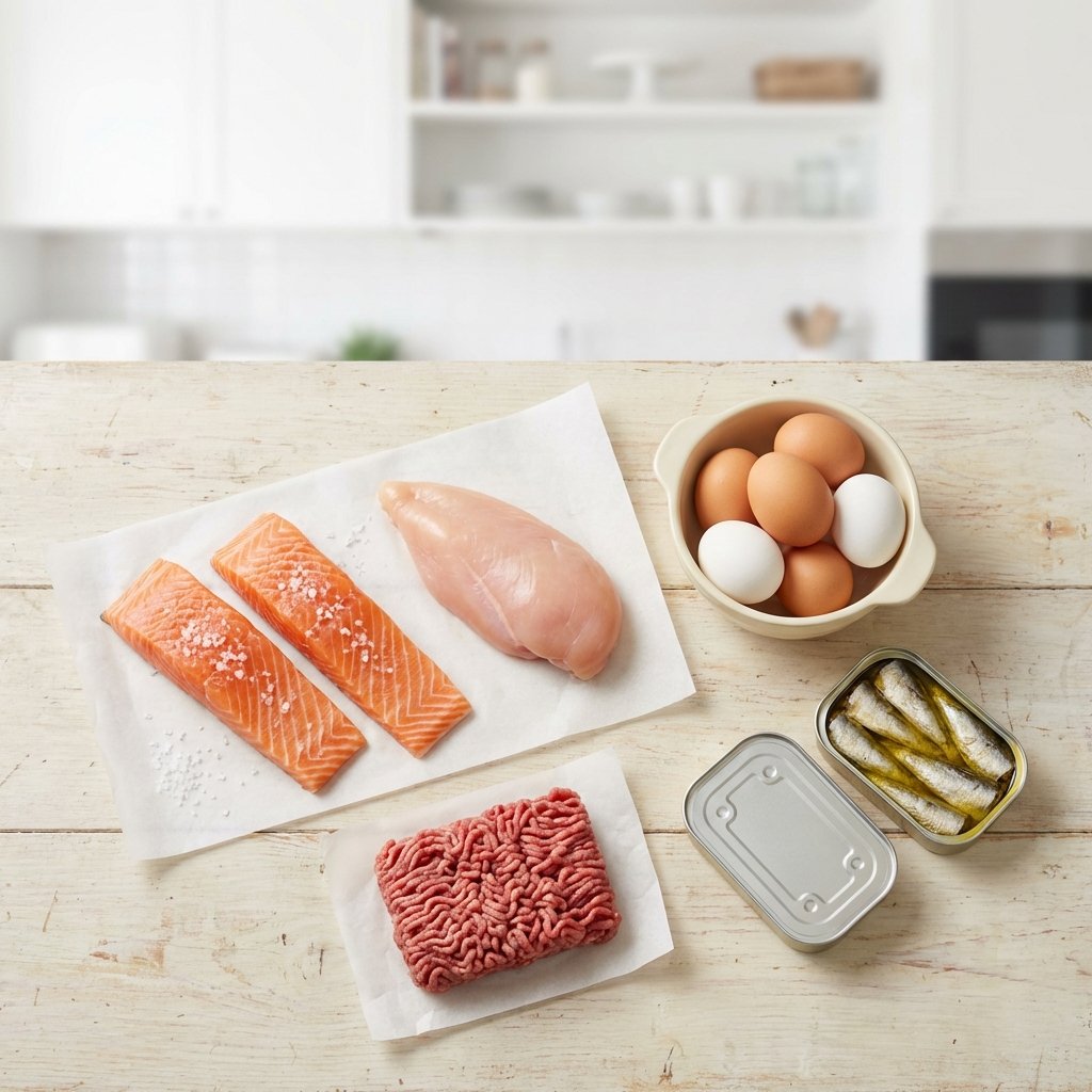 Keto-proteiinit: lohi, munat, kanafile ja jauheliha tiskillä