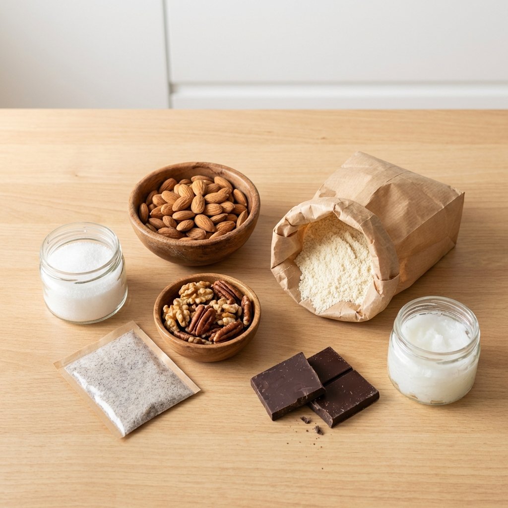 Keto-kuivatuotteet: pähkinät, mantelijauho, psyllium ja tumma suklaa