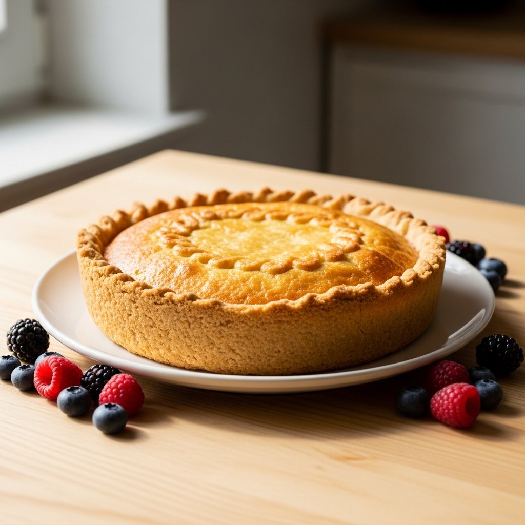 Kultainen keto-piirakkapohja mantelijauhosta, kauniisti paistunut ja valmis täytettäväksi