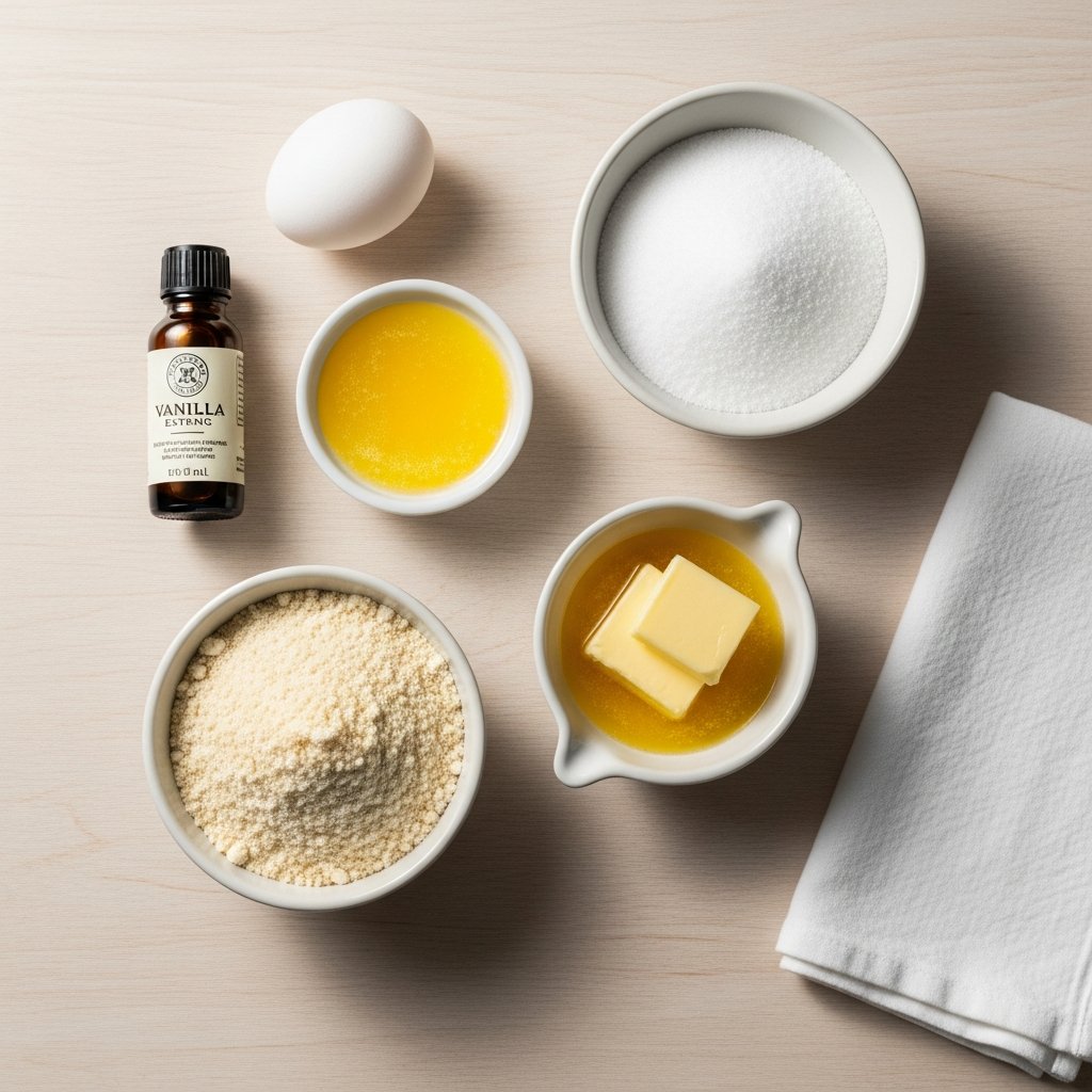 Makean murukakkupohjan ainekset: mantelijauho, voi, erytritoli ja kananmuna