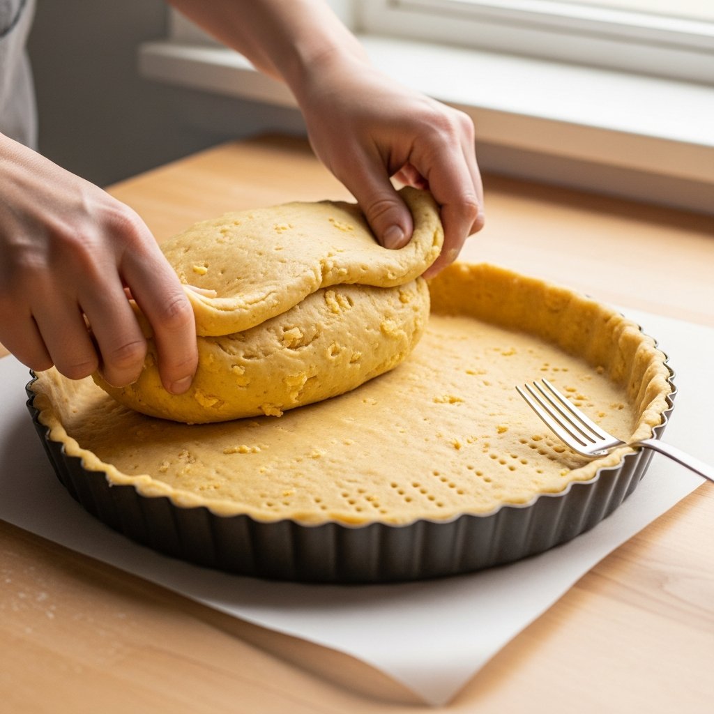 Juustopohjan taikina painettuna piirakkavuokaan