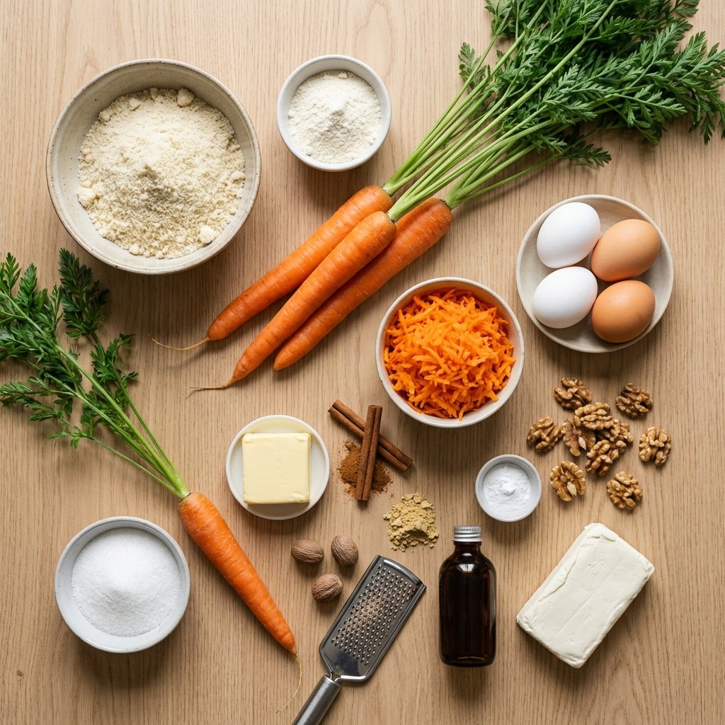 Keto porkkanakakun ainekset: mantelijauhot, porkkanat, munat, voi, mausteet ja erytritoli
