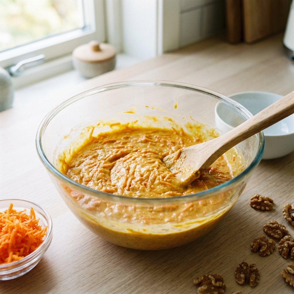 Keto porkkanakakkutaikina kulhossa raastetun porkkanan kanssa