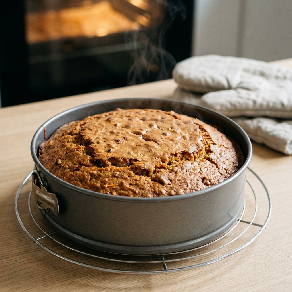 Uunituore keto porkkanakakku pyöreässä vuoassa jäähtymässä