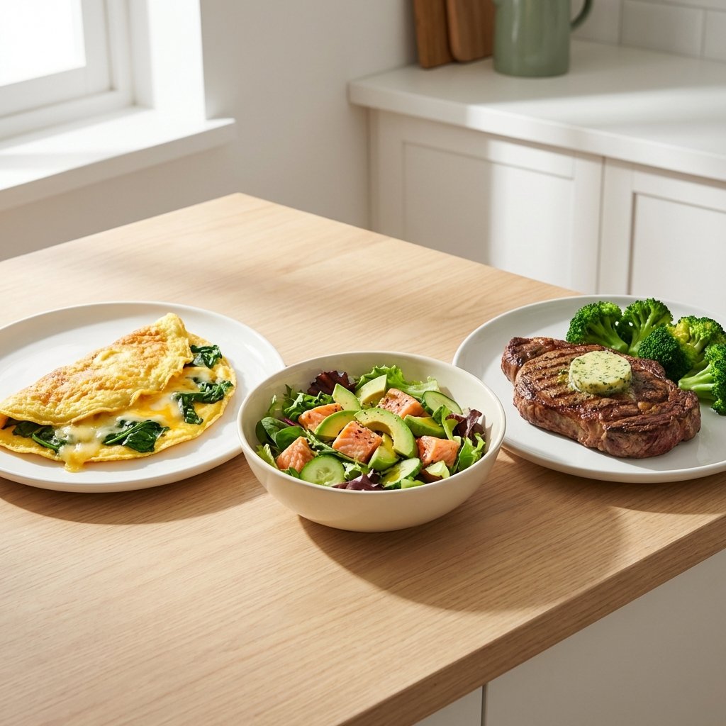 Ketogeenisen ruokavalion esimerkkipäivä: munakas, lohisalaatti ja naudanpihvi parsakaalin kanssa