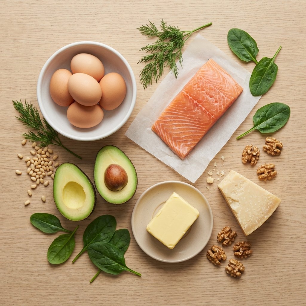 Keto-esimerkkipäivän raaka-aineet ylhäältä: kananmunat, lohi, avokado, voi, juusto ja pähkinät