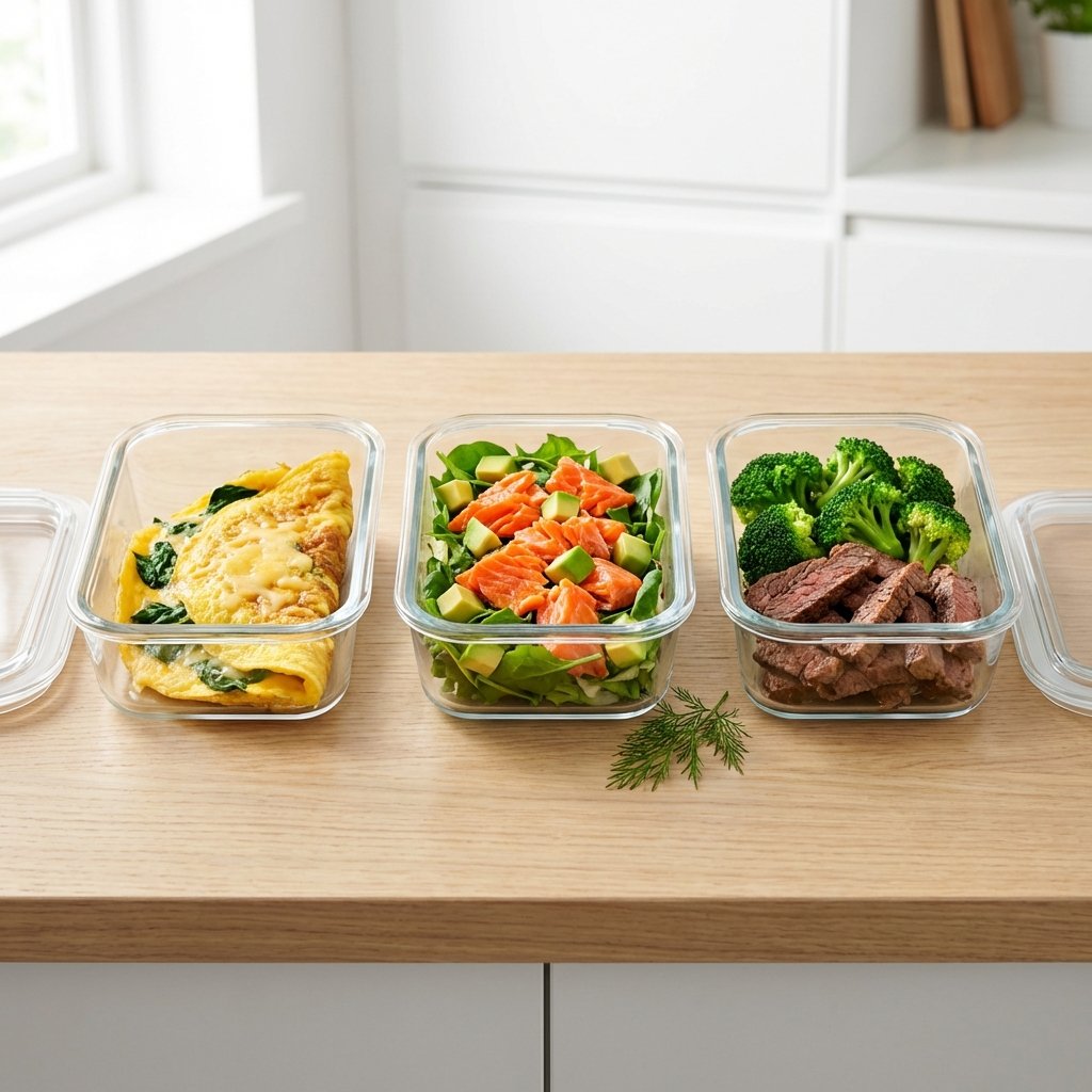 Keto-esimerkkipäivän ateriat valmistettuna kolmeen lasiastiaan: munakas, lohisalaatti ja pihvi parsakaalin kanssa