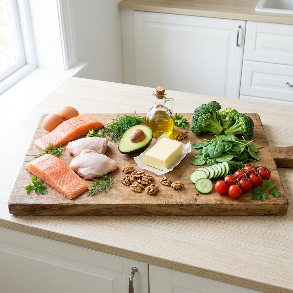 Keto-ostoslistan raaka-aineet leikkuulaudalla ryhmiteltyinä: proteiinit, rasvat ja kasvikset