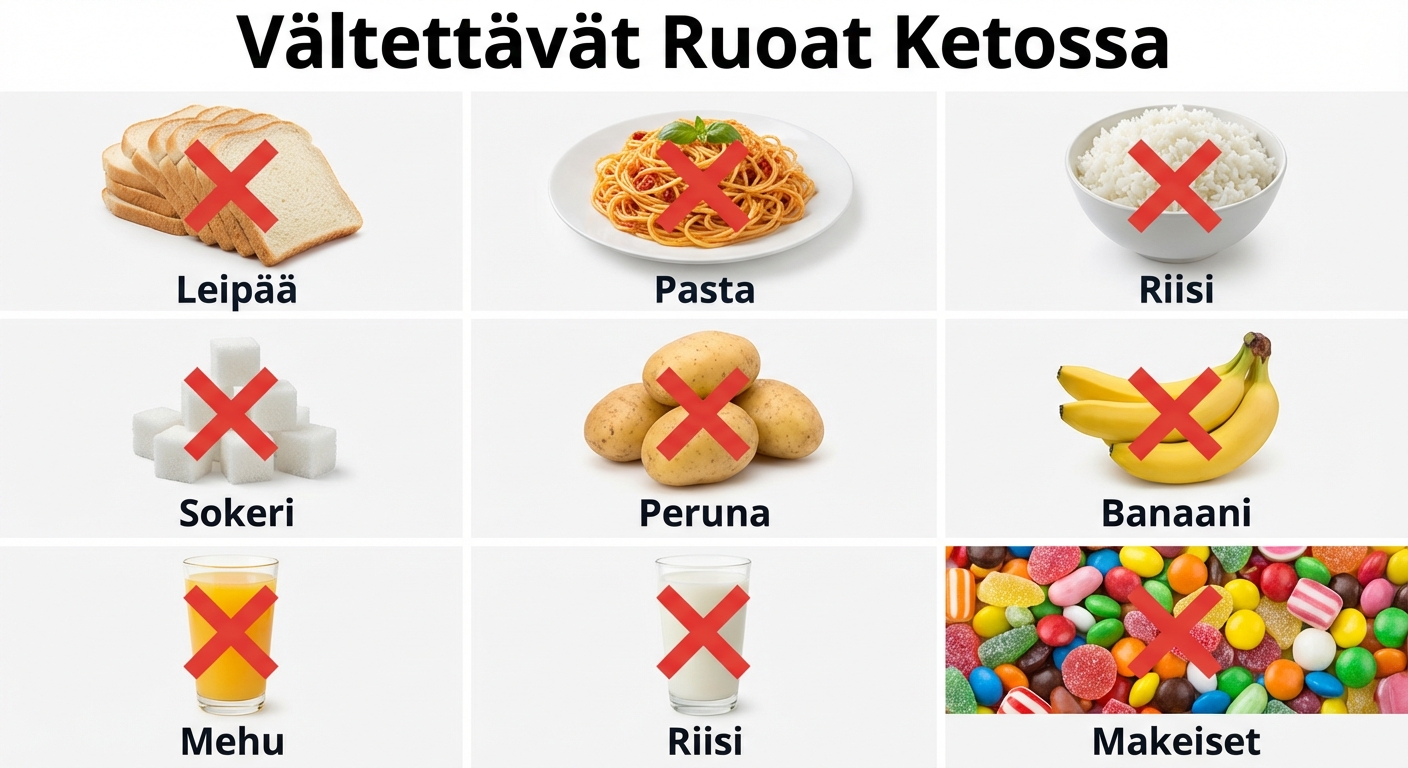 Ketoruokavaliossa v&auml;ltett&auml;v&auml;t ruoat