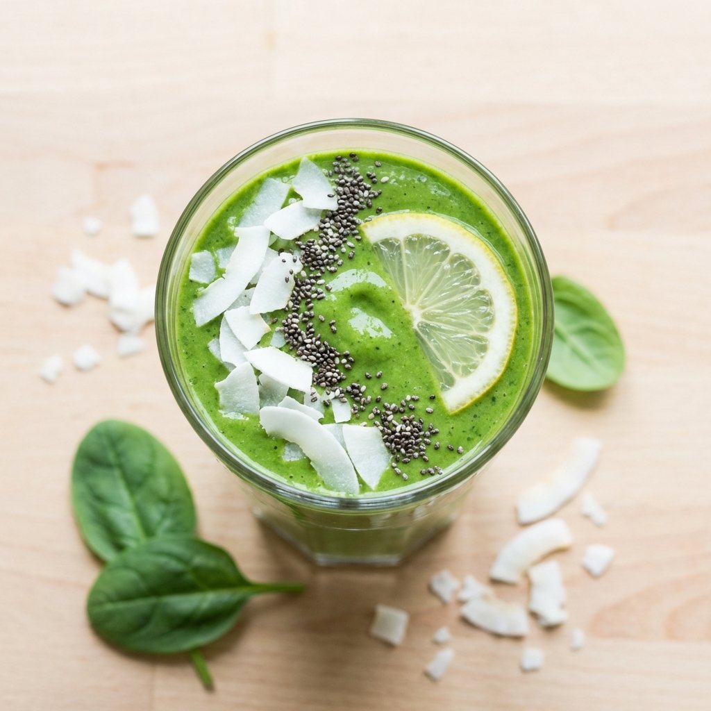 Vihersmoothie ylhäältä kuvattuna kookoshiutaleiden ja chiansiementen kera