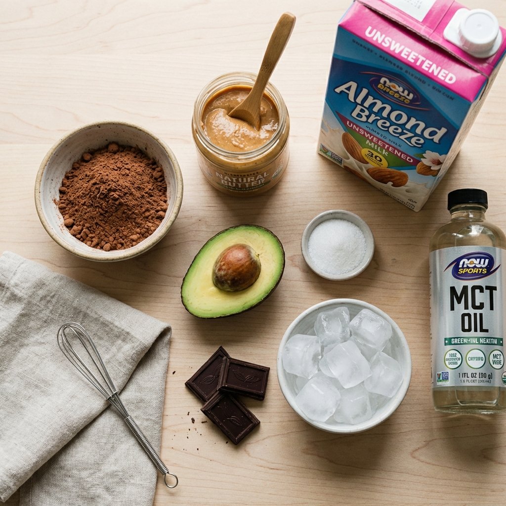 Suklaa-maapähkinävoi smoothien ainekset: kaakao, maapähkinävoi, mantelimaito ja avokado