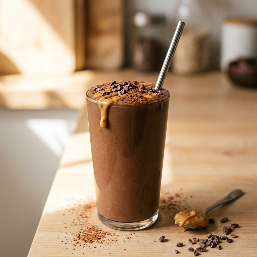 Kermainen suklaa-maapähkinävoi keto smoothie lasissa