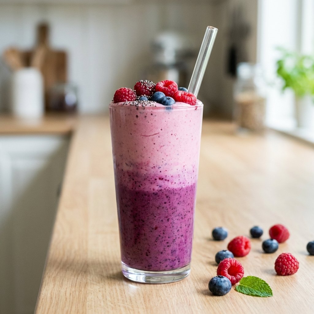 Vadelma-mustikka keto smoothie lasissa tuoreilla marjoilla koristeltuna