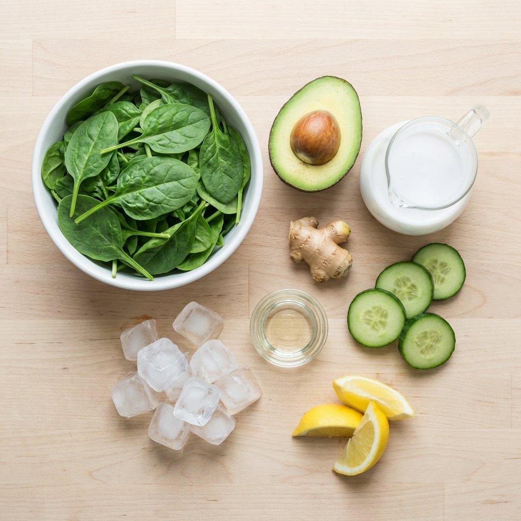 Vihersmoothien ainekset: pinaatti, avokado, kookosmaito, kurkku ja inkivääri