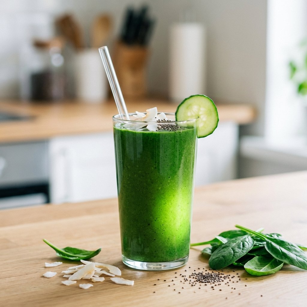 Vihreä keto smoothie lasissa kookoshiutaleilla koristeltuna
