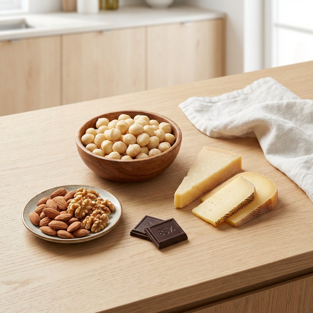 Keto-snackit: macadamia-pähkinät, manteli, tumma suklaa ja juusto