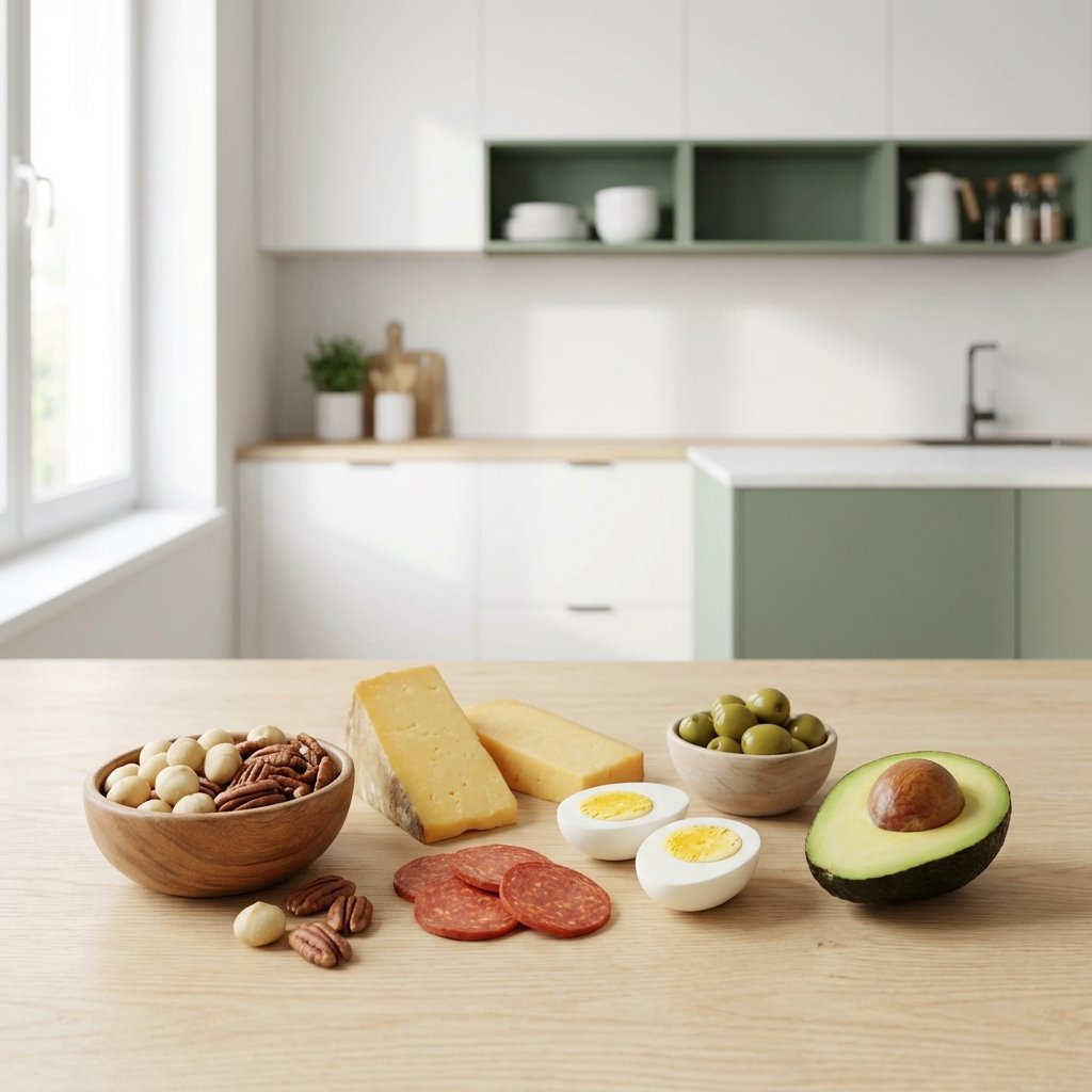 Parhaat keto välipalat kaupasta: pähkinät, juusto, pepperoni ja kananmunat