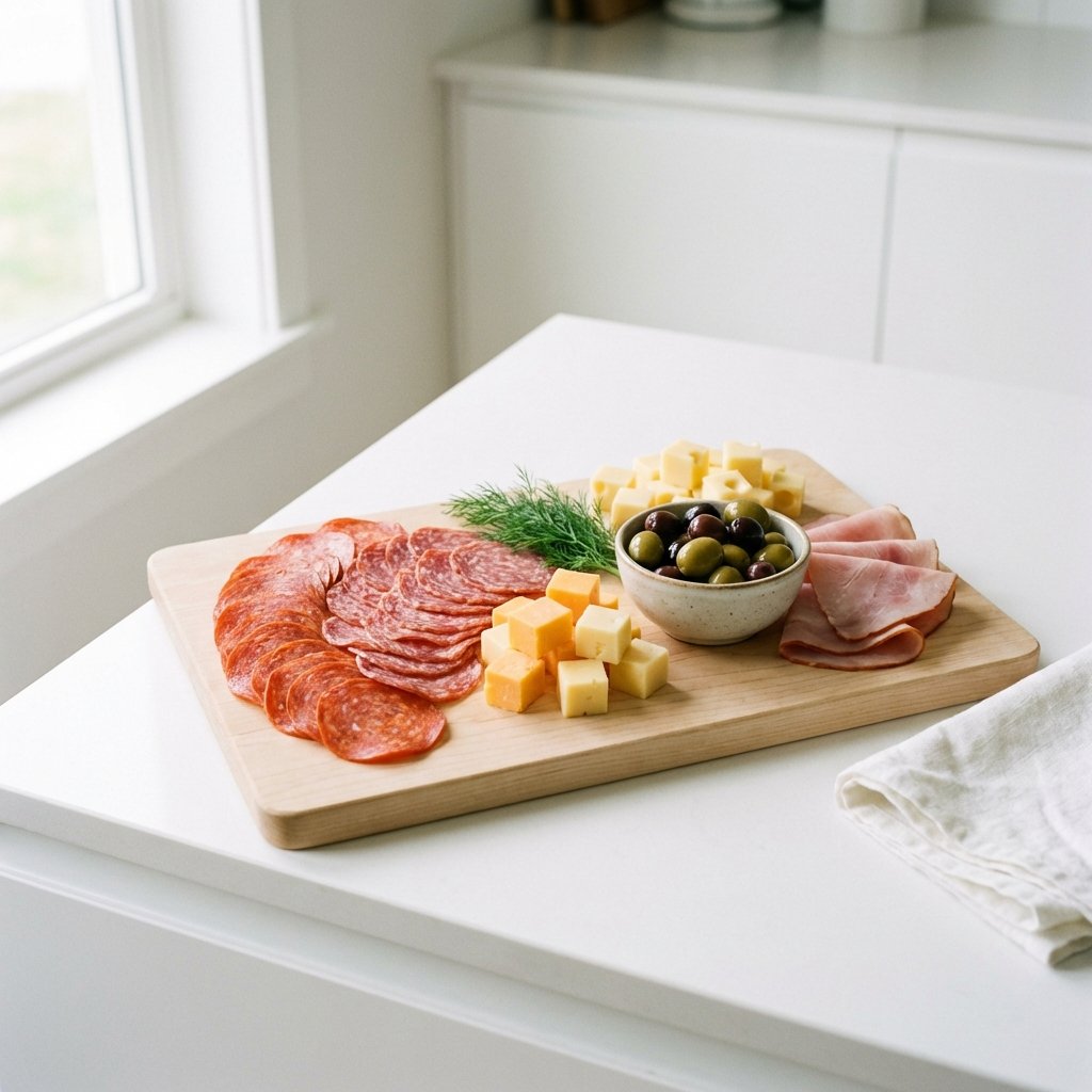 Keto-välipalalautanen: pepperoni, juusto, oliivit ja savuliha