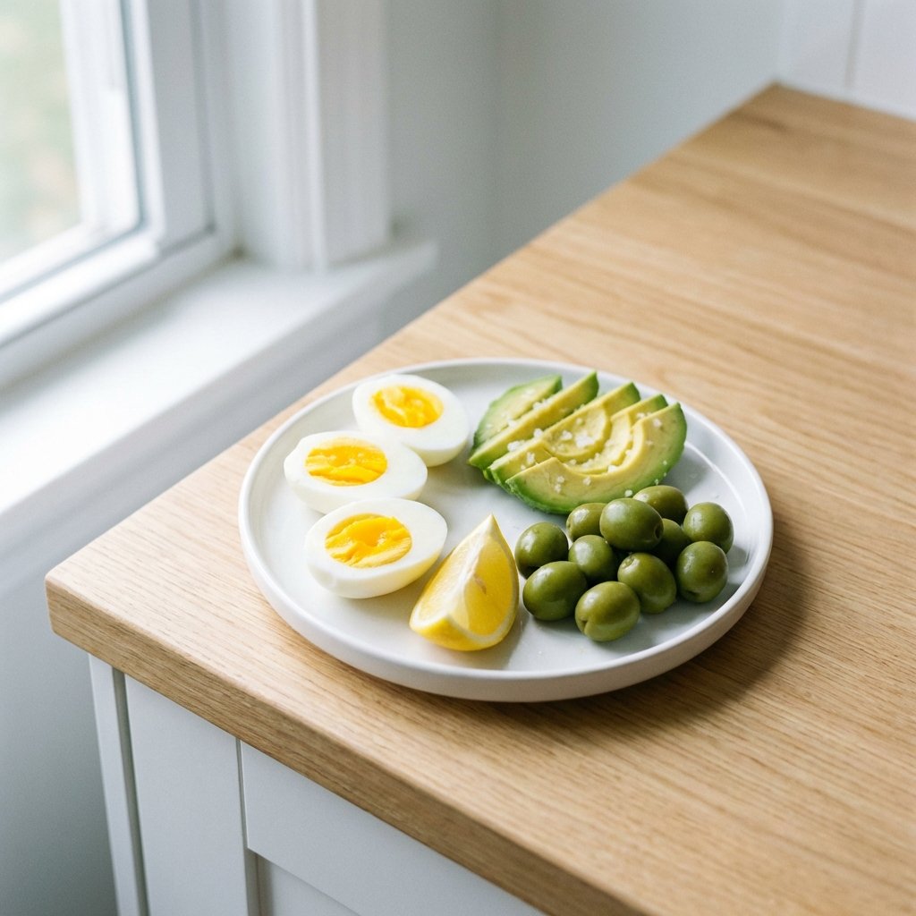 Keto-välipala: keitetyt munat, avokado ja oliivit lautasella