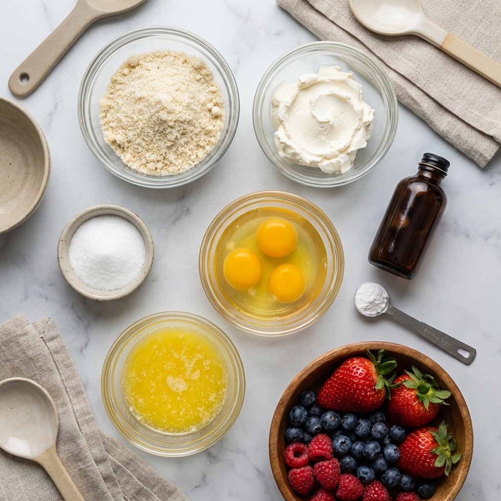 Keto vohvelien ainekset - mantelijauhot, tuorejuusto, munat ja erytritoli