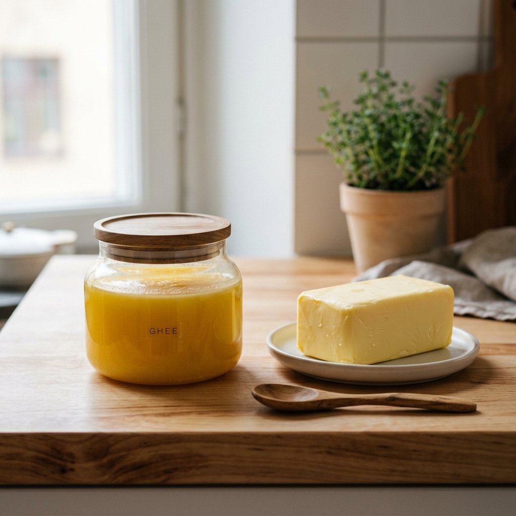Ghee vai voi — kirkastettu voi ja tavallinen voi rinnakkain