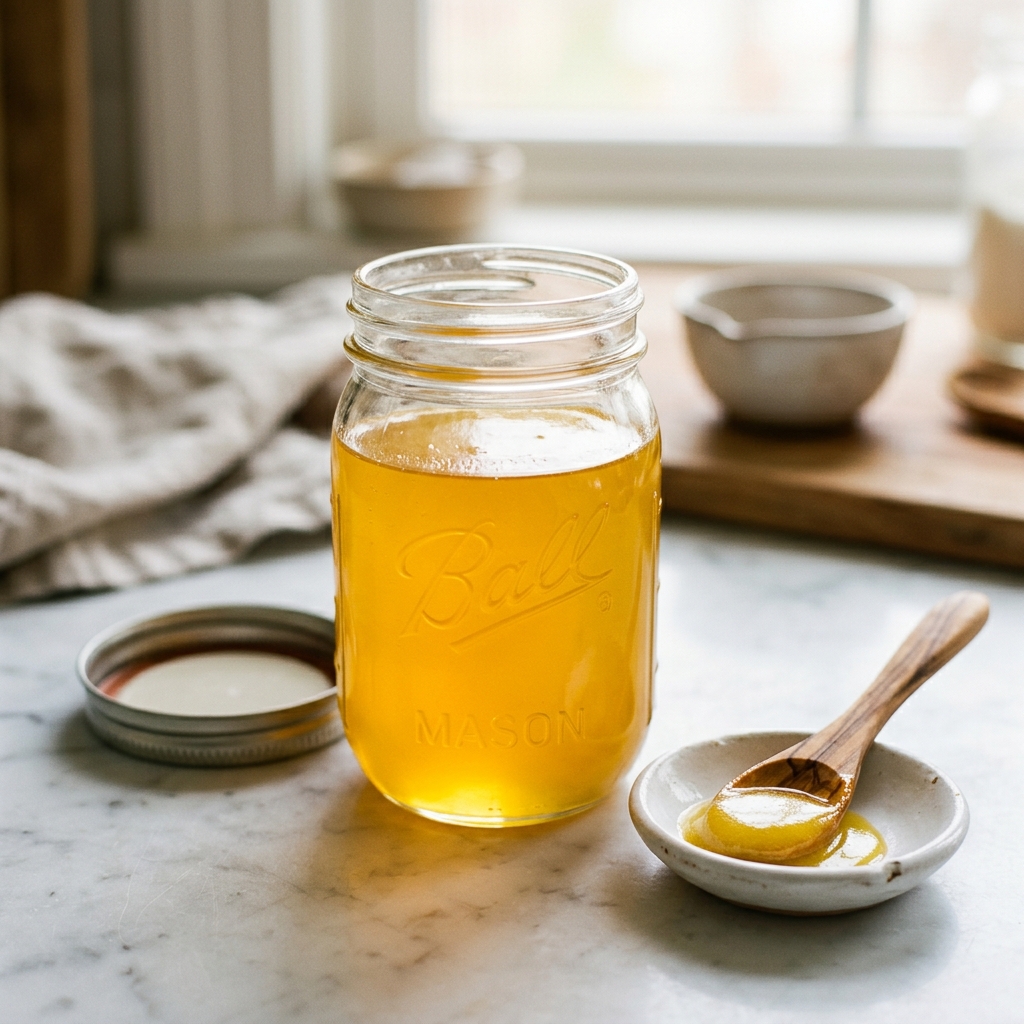 Ghee-voi lasipurkissa — kirkastettu kullanvärinen voi