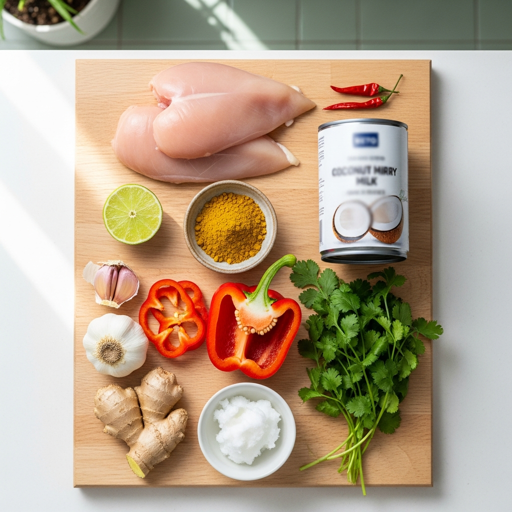 Keto-curryn ainekset: kana, kookosmaito, curryjauhe, paprika, valkosipuli, inkiv&auml;&auml;ri, korianteri