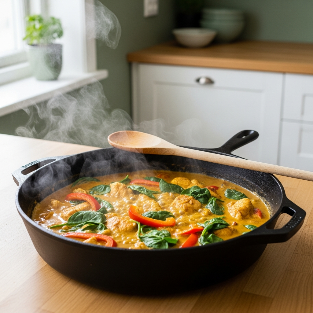Keto-curry kypsentyy pannussa &ndash; kultainen kastike kiehumassa kanan kanssa