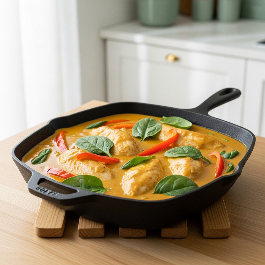 Valmis keto-kookosmacurry pannussa &ndash; kermainen kultainen kastike kanapaloilla