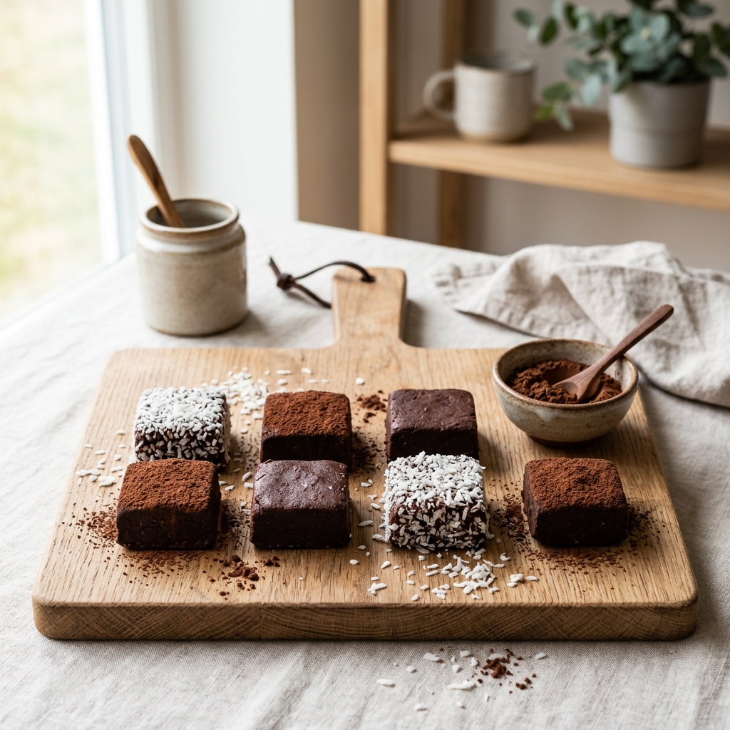 Keto fat bombs — suklaisia energiapalloja puulautasella