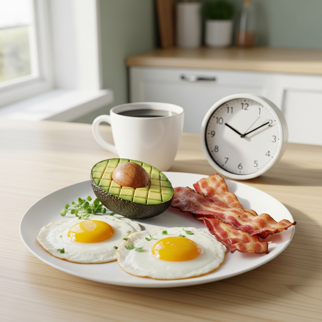 Keto ja jaksoittainen paasto &ndash; aamiainen kellolla: munia, avokado ja kahvi