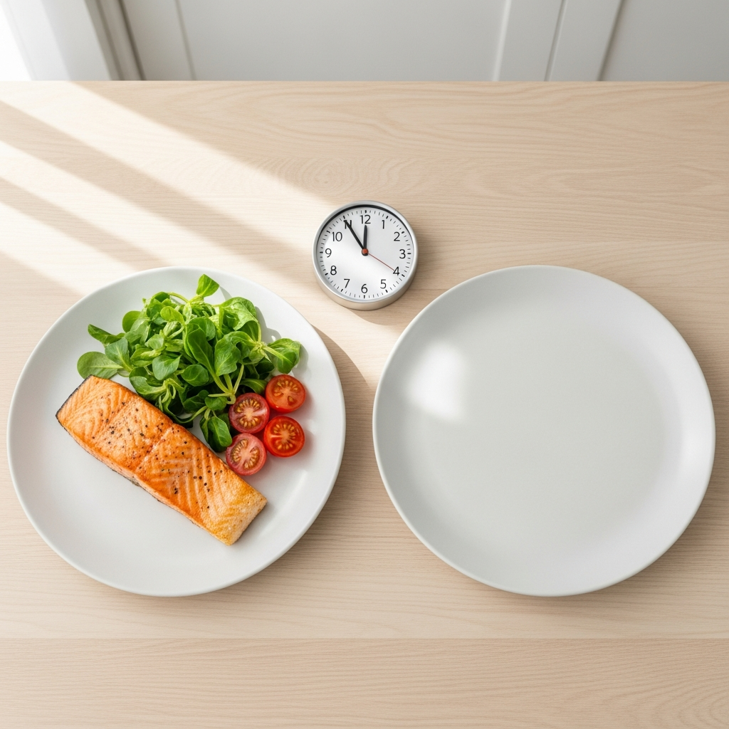 16:8 paastoikkuna &ndash; keto-ateria ja tyhj&auml; lautanen kellolla