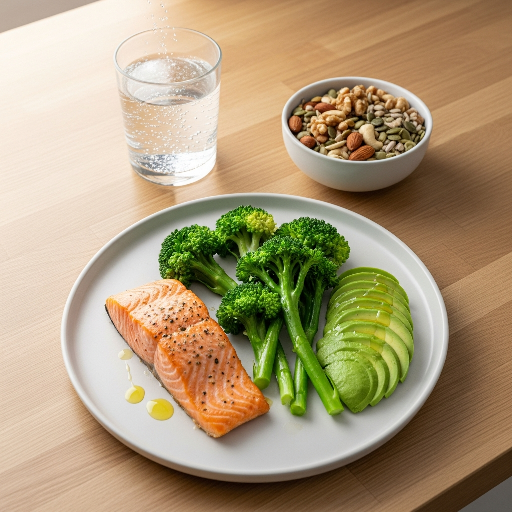 Matalasokerinen keto-ateria: lohi, parsakaali ja avokado valkoisella lautasella