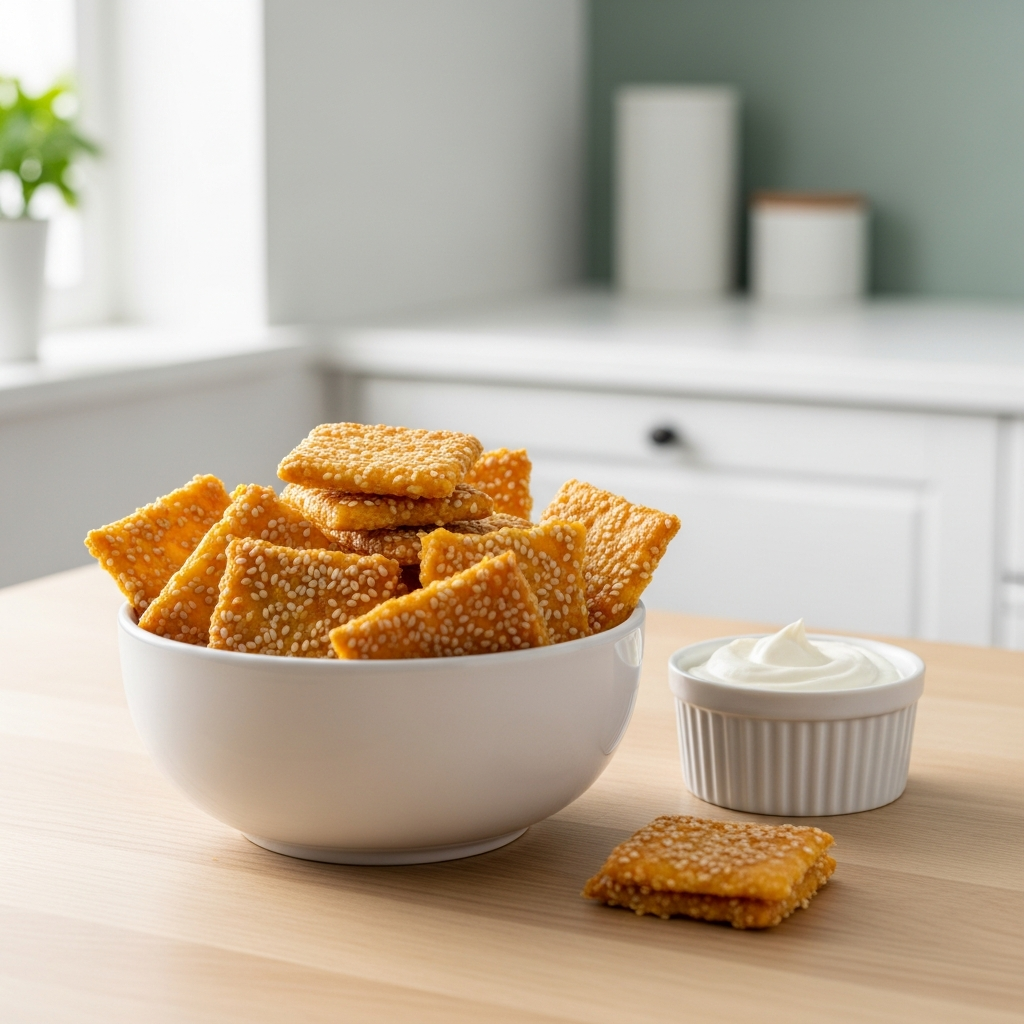 Keto-juustokeksit kulhossa &ndash; rapeat kullanruskeat parmesaanikeksit seesaminsiemenill&auml;