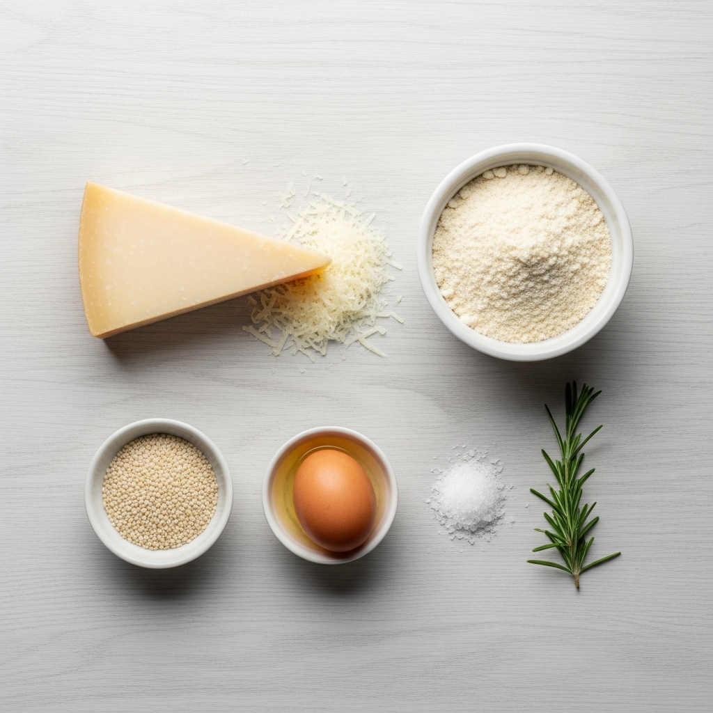 Keto-juustokeksien ainekset: parmesaani, mantelijauho, kananmuna, seesaminsiemenet, rosmariini