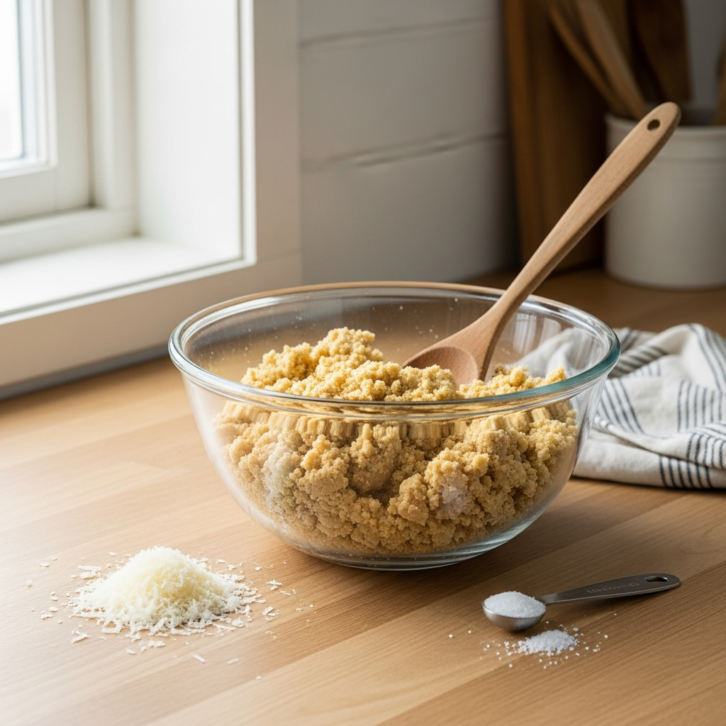 Parmesaani ja mantelijauho sekoitettuna kulhossa &ndash; keto-juustokeksitaikina
