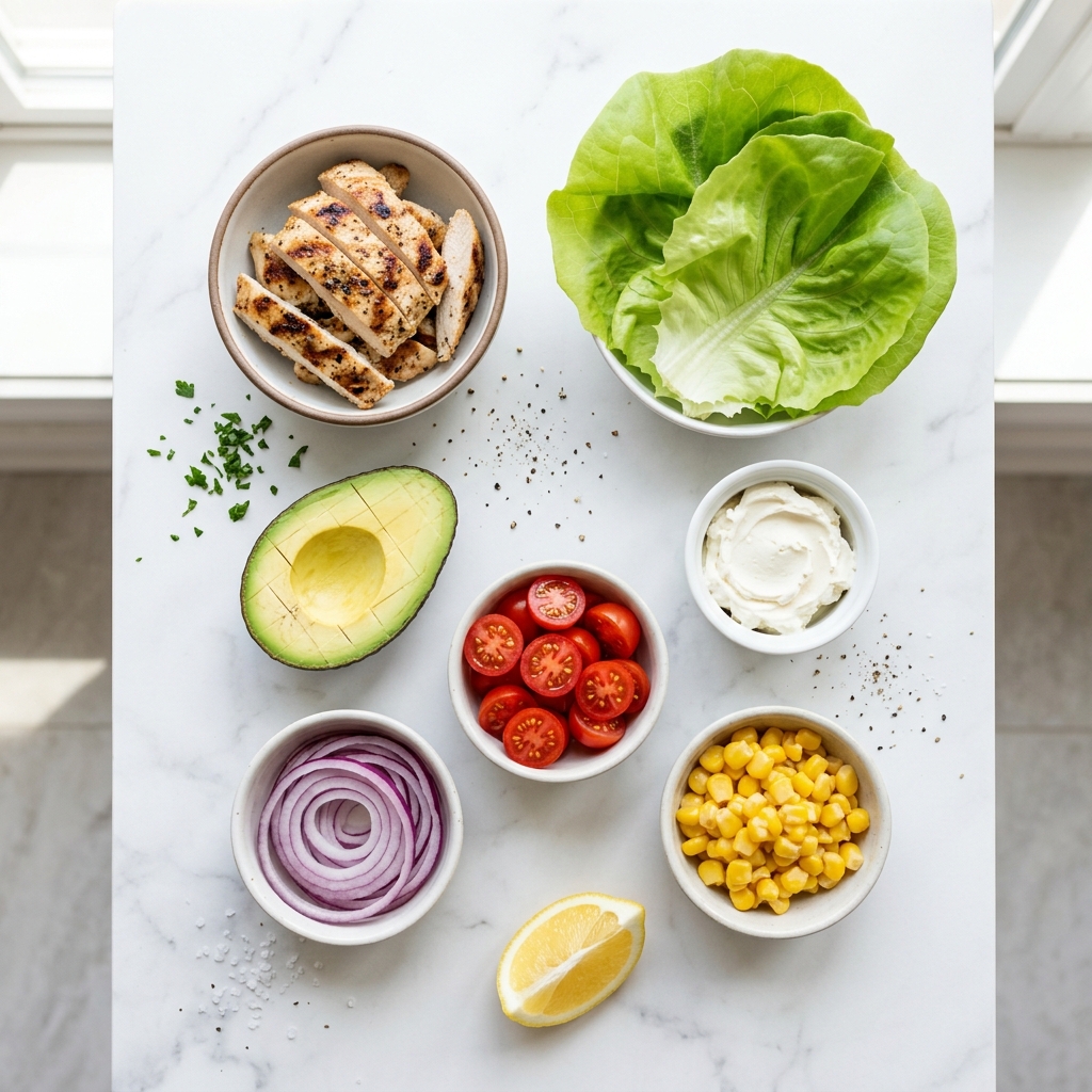 Keto-wrap ainekset — kana, avokado ja salaatti