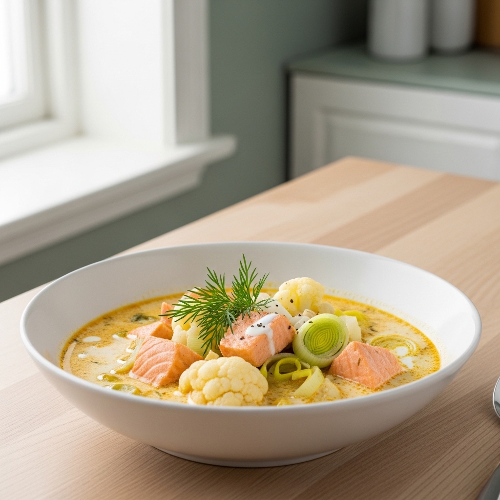 Keto-lohikeitto &ndash; kermainen lohikeitto kukkakaalia ja tilliä