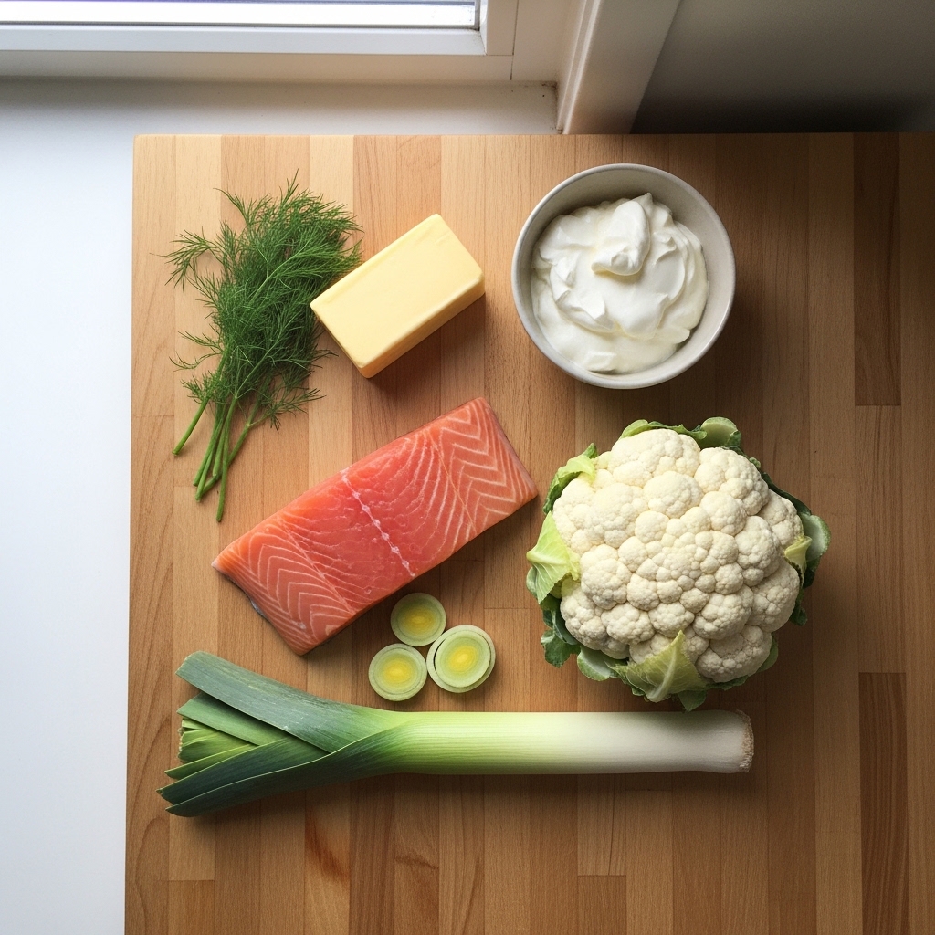 Keto-lohikeiton ainekset: tuore lohi, kukkakaali, purjosipuli, kerma, voi ja tilli