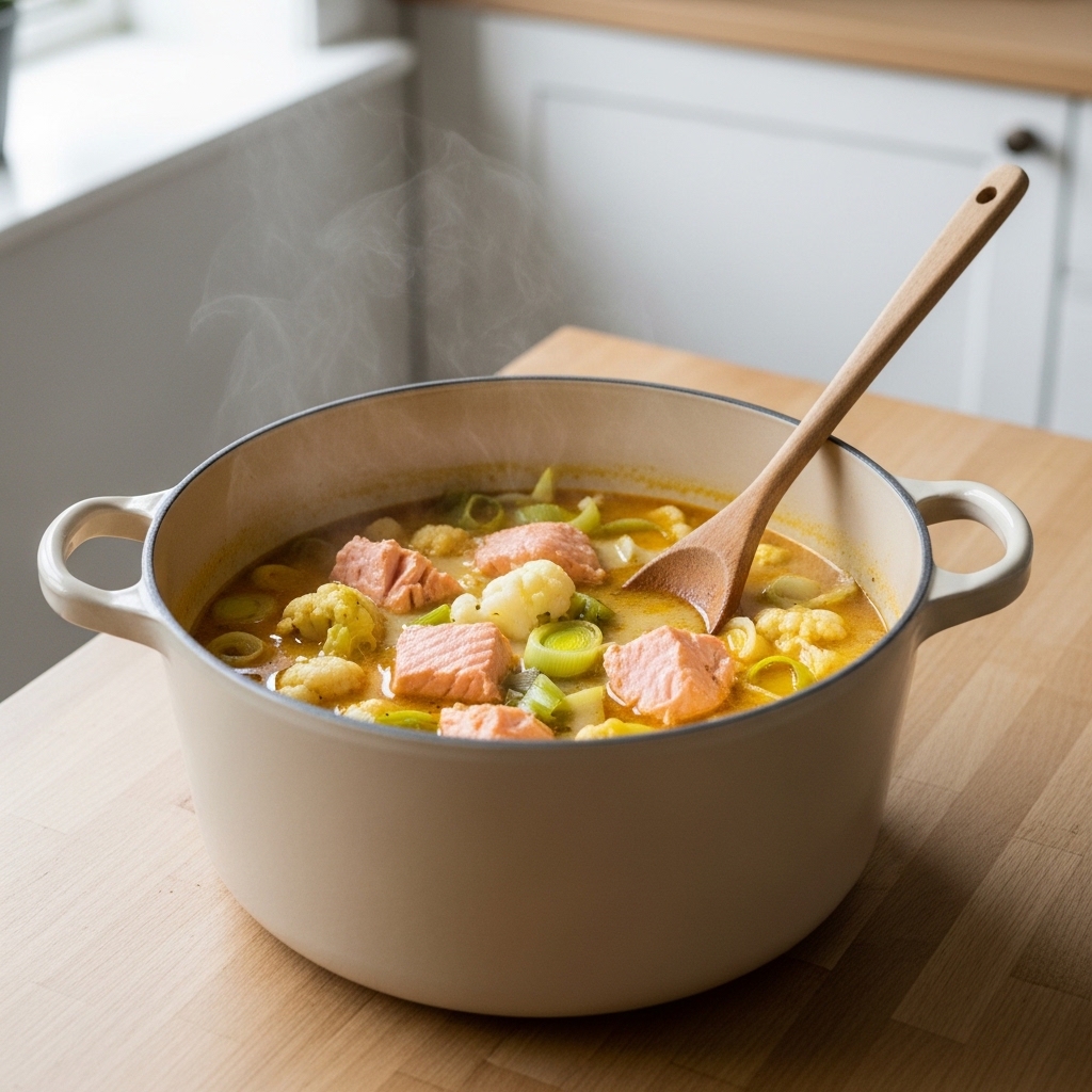 Keto-lohikeitto kattilassa valmistumisvaiheessa