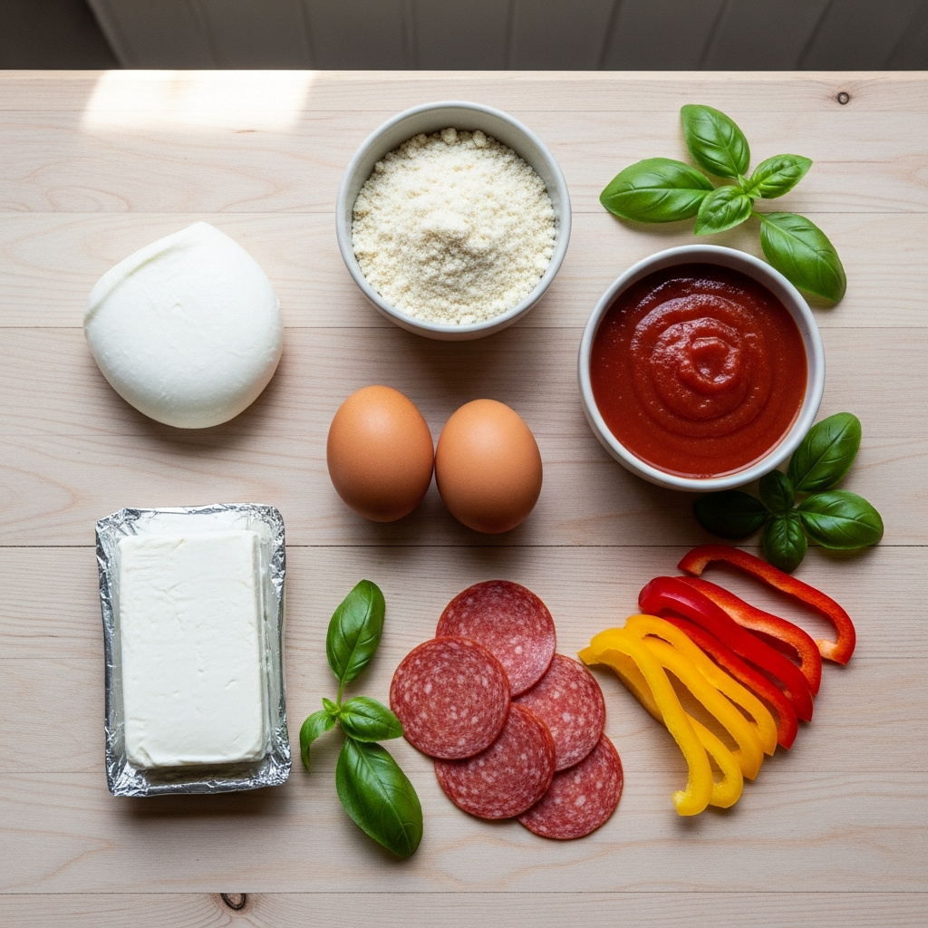Keto-pizzan ainekset: mozzarella, tuorejuusto, mantelijauho, kananmuna, tomaattikastike