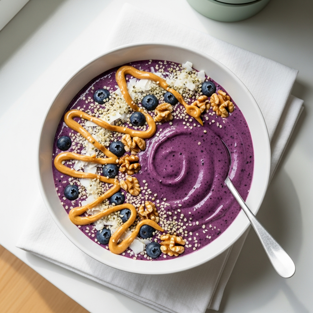 Keto smoothie bowl p&auml;hkin&auml;voilla &ndash; paksu marjapohja, p&auml;hkin&auml;voidrizzle ja saksanp&auml;hkin&auml;t