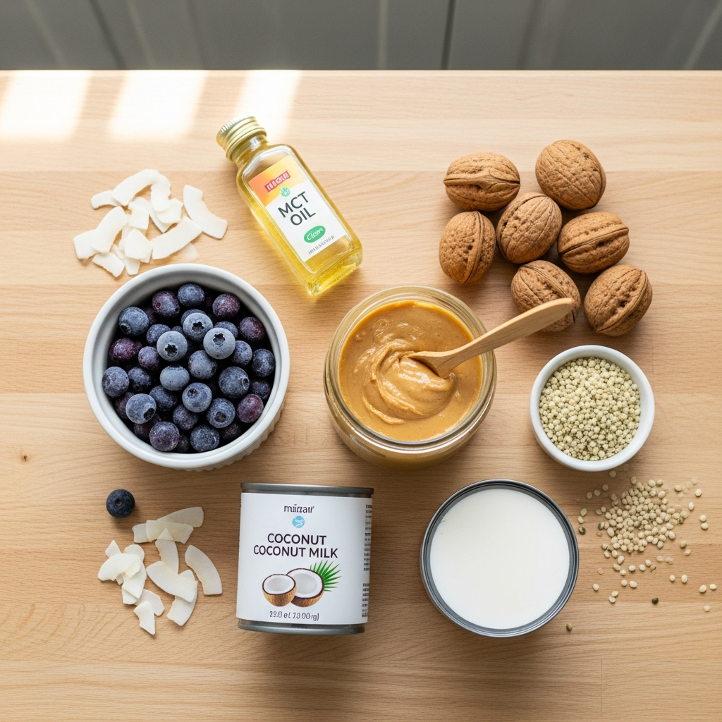 Keto smoothie bowlin ainekset: p&auml;hkin&auml;voi, pakastemarjat, MCT-&ouml;ljy, kookosmaito, saksanp&auml;hkin&auml;t