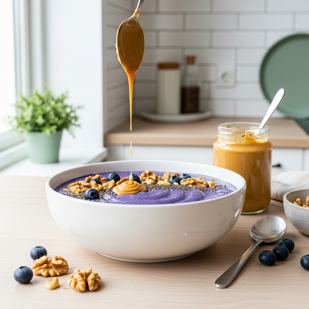 Toppingit lisätään keto smoothie bowliin &ndash; maap&auml;hkin&auml;voidrizzle ja marjat